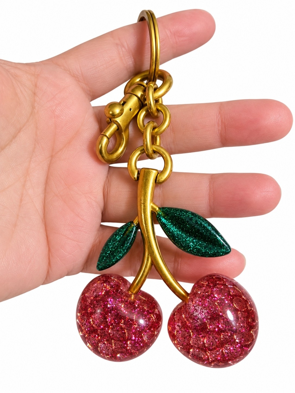 Gold-Tone Cherry Keychain Pendant with Pink Glitter Cherries